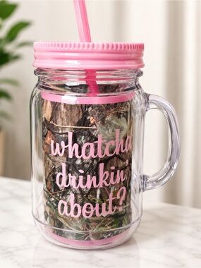Hand Crafted Pink-Lid Mason Mug with Handle and Straw